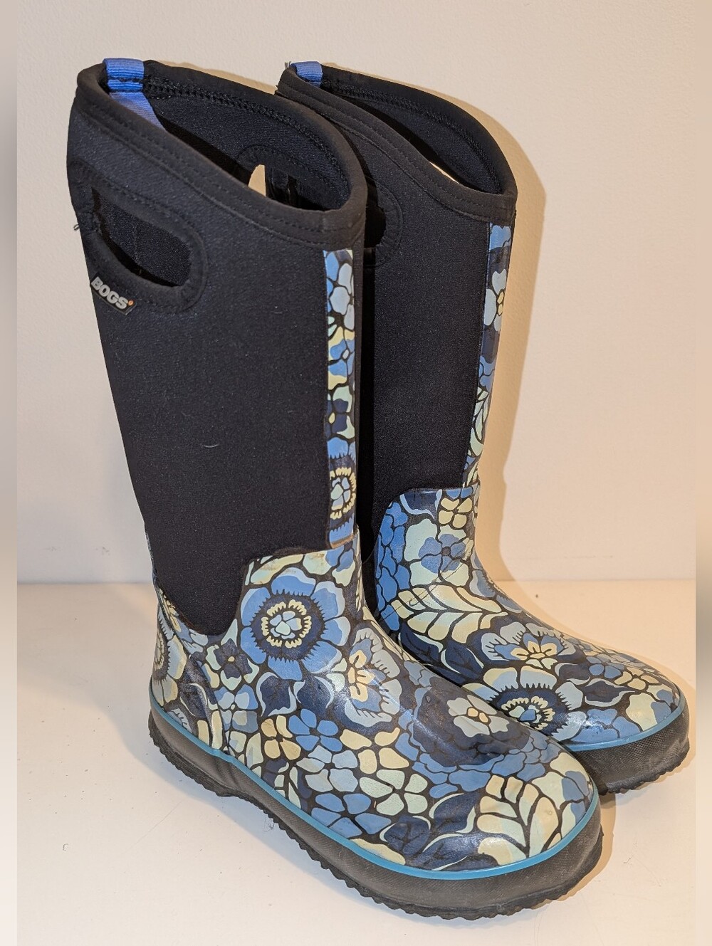 Bogs Women's Black Neoprene Tall Boots with Blue Floral Print